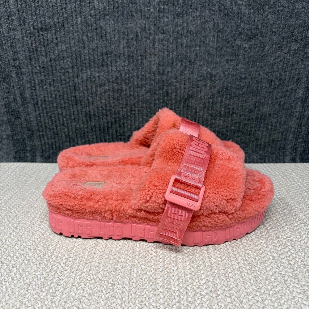 UGG Fluffita Slide Sandals Pink Deep Pile Sherpa Platform Women’s Size 8